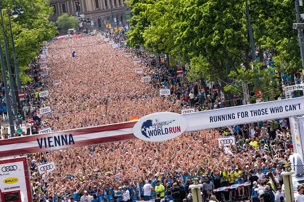 Participants perform during the Wings for Life World Run Flagship Run in Vienna, Austria on May 7, 2023 // Philip Platzer for Wings for Life World Run // SI202305070330 // Usage for editorial use only //