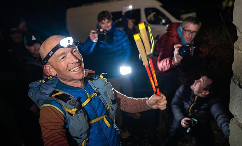 Kim Collison celebrates his Montane Winter Spine Race 2025 win. Credit: Will Roberts