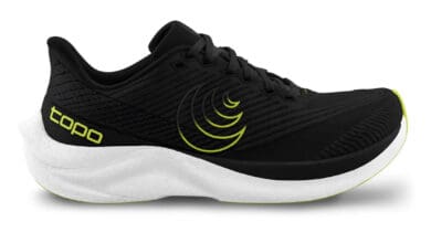 Lightweight black running shoe with cushioned white midsole and neon yellow details designed for performance and comfort in running and training.