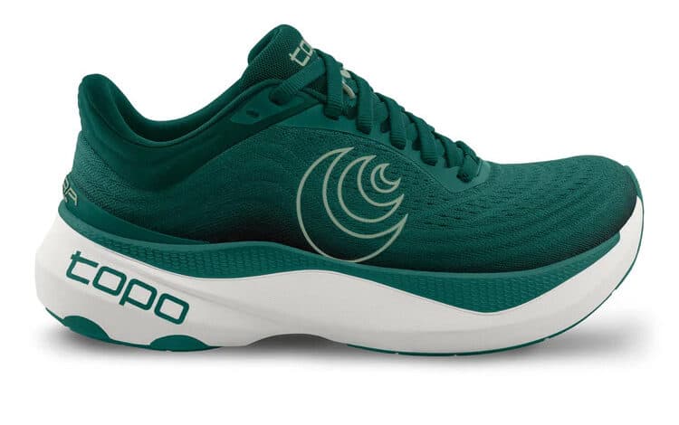 Lightweight teal running shoe with cushioned sole and logo design, ideal for running and training.