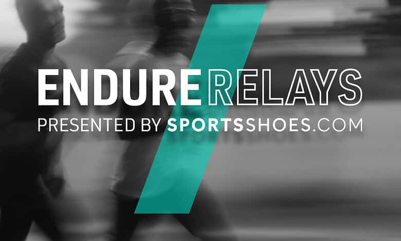 Endure relays, running competition, endurance training, sports shoes, team running event, athletic race, marathon relay, fitness challenge, running team, sports event promotional image.