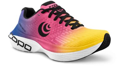 Vibrant gradient running shoe with athletic design, featuring cushioned sole and breathable upper, ideal for long-distance runners and marathon enthusiasts.