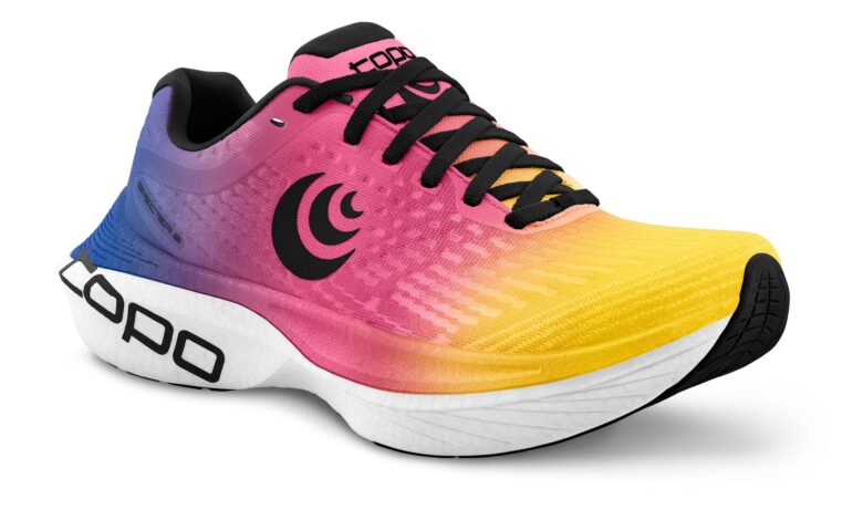 Vibrant gradient running shoe with athletic design, featuring cushioned sole and breathable upper, ideal for long-distance runners and marathon enthusiasts.