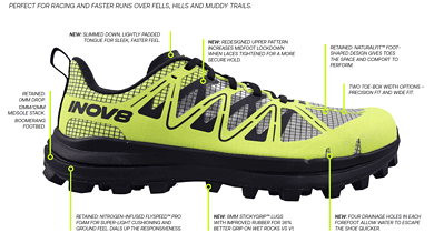 Increased ground control with redesigned upper pattern and improved grip, perfect for trail running over muddy terrains, hills, and steep trails, featuring durable materials and water drainage for optimal performance.