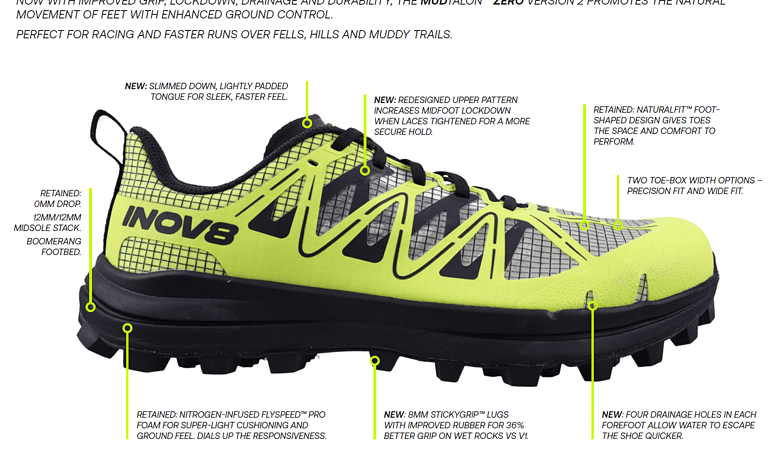 Increased ground control with redesigned upper pattern and improved grip, perfect for trail running over muddy terrains, hills, and steep trails, featuring durable materials and water drainage for optimal performance.