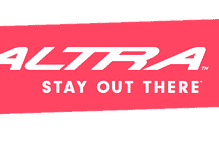 Altra running shoe logo on pink background, promoting stay out there outdoor running and trail footwear.