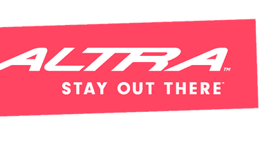 Altra running shoe logo on pink background, promoting stay out there outdoor running and trail footwear.