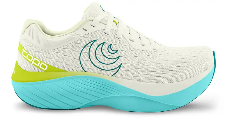 Lightweight blue and white running shoe with cushioned sole designed for long-distance running and marathon training. Features breathable mesh upper and responsive midsole for optimal comfort and performance.