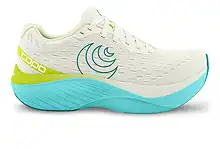 Lightweight white running shoe with blue and lime green accents, designed for optimal performance and comfort in running and athletic activities. Featuring breathable mesh upper and cushioned sole.