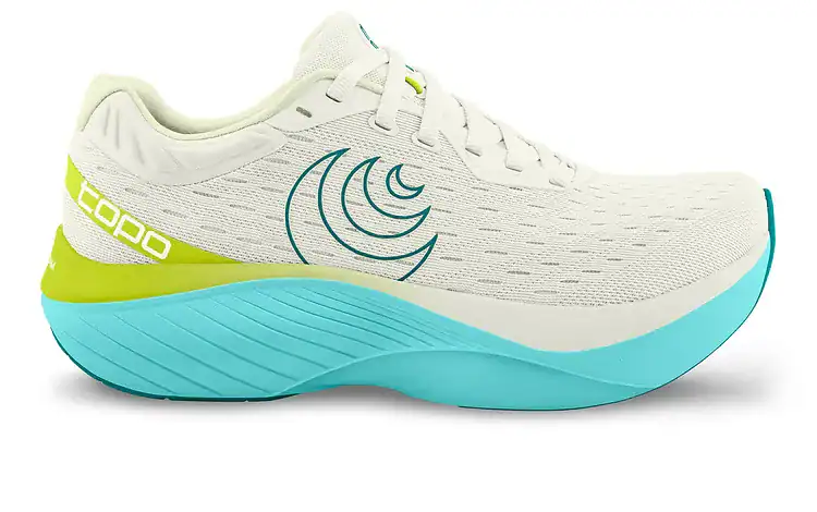 Lightweight white running shoe with blue and lime green accents, designed for optimal performance and comfort in running and athletic activities. Featuring breathable mesh upper and cushioned sole.