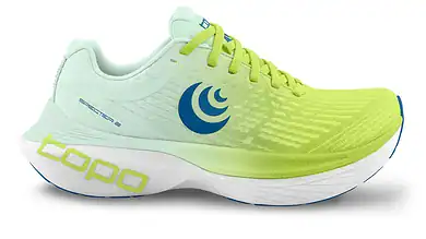 Light green Hoka running shoe with blue logo and white sole, designed for optimal running performance and comfort, showcasing innovative running insights and analysis.