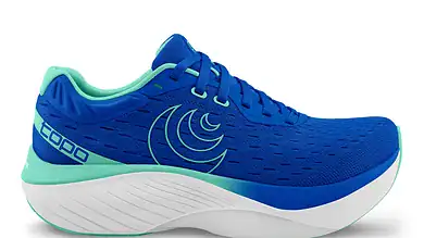 Bright blue running shoe with green accents, featuring a lightweight design and advanced cushioning for optimal running performance and comfort.