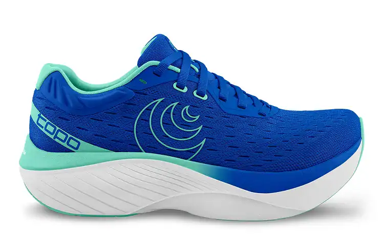 Bright blue running shoe with green accents, featuring a lightweight design and advanced cushioning for optimal running performance and comfort.