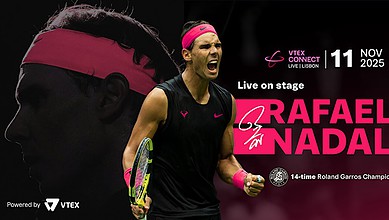 Rafael nadal tennis player promotional event in Lisbon, Portugal, showcasing athletic performance and sports marketing, running insightsSEO-friendly alt text: Rafael Nadal at VTX Connect event in Lisbon, wearing athletic gear and holding a tennis racket.