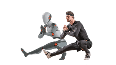 Futuristic robot and male athlete performing stretching exercises for running, demonstrating the integration of robotics and fitness training.