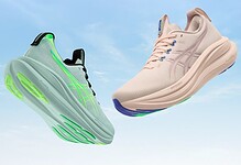 Light grey running shoes with vibrant green accents and a soft pink pair with blue details, designed for running performance and comfort. Perfect for runners seeking innovative footwear for training and races.