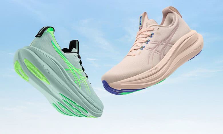 Light grey running shoes with vibrant green accents and a soft pink pair with blue details, designed for running performance and comfort. Perfect for runners seeking innovative footwear for training and races.