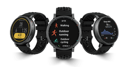 1. Modern fitness smartwatch displaying running, cycling, and sleep tracking features for runners and outdoor enthusiasts.