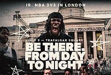 Running Insights, young basketball players competing in a Jr. NBA 3v3 tournament in London, showcasing athleticism, teamwork, and community engagement in a vibrant urban setting.
