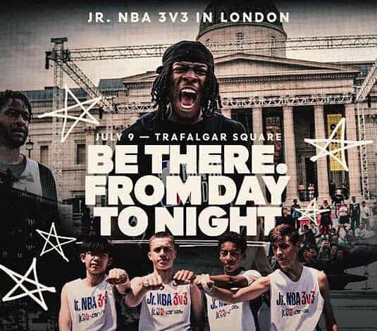 Running Insights, young basketball players competing in a Jr. NBA 3v3 tournament in London, showcasing athleticism, teamwork, and community engagement in a vibrant urban setting.