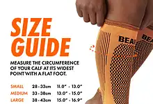 Running sock size guide showing measurements for small, medium, large, XL, and XXL sizes with a runner's leg in the background.