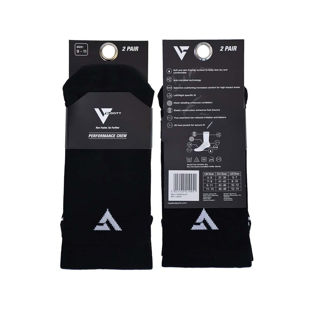 Velocity Performance Crew Socks Adult, 2 pairs, black with white logo, designed for running and athletic activities.