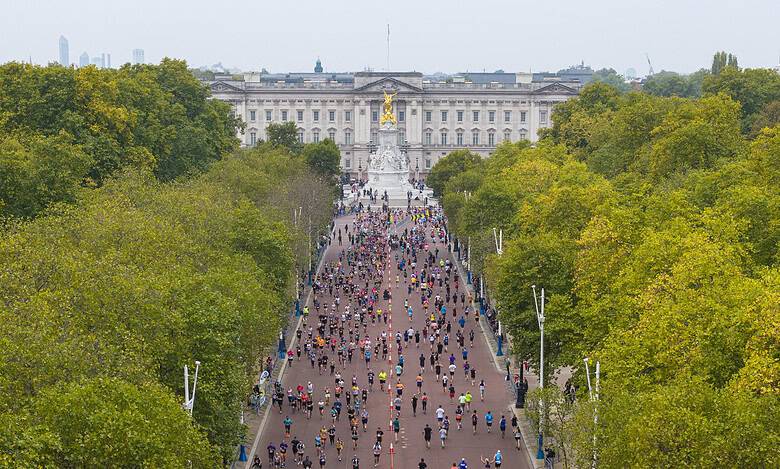 Crowd of runners participating in a marathon along a tree-lined avenue leading to a historic building in the background.
