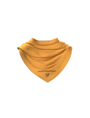 Yellow running bandana with black logo, designed for runners, made from moisture-wicking fabric for comfort during workouts.