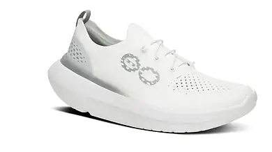 White Men's OOmy Stride X1 running shoe with breathable upper and cushioned sole, ideal for running and athletic activities.