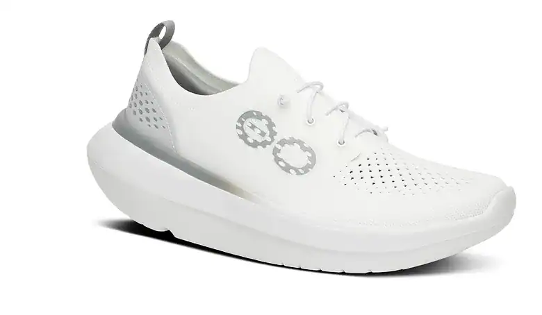 White Men's OOmy Stride X1 running shoe with breathable upper and cushioned sole, ideal for running and athletic activities.