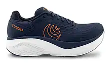 Topo Men's Atmos 2 running shoe in navy with orange accents, designed for comfort and performance during running activities.