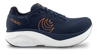 Topo Men's Atmos 2 running shoe in navy with orange accents, designed for comfort and performance during running activities.