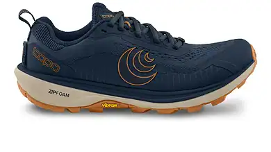 Men's Terraventure 5 trail running shoe in navy with orange accents, featuring Vibram outsole and ZIPFOAM midsole for comfort and durability.