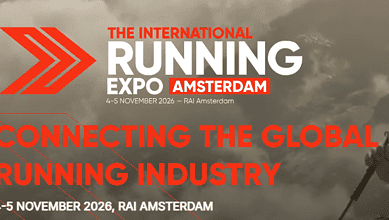 International Running Expo Amsterdam 2026 banner with event details and theme of connecting the global running industry.