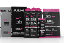 Running Insights fuel and hydration products for athletes, featuring Nike branding and various energy gels and drinks packages.