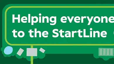 A colourful graphic promoting accessibility at parkrun, featuring a map and the StartLine initiative by Specsavers and parkrun.