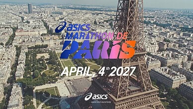 Aerial view of Paris with the Eiffel Tower and cityscape, promoting the ASICS Marathon de Paris on April 4th, 2027.