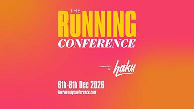 Promotional poster for The Running Conference 2026, highlighting event dates and location, with vibrant pink and orange background.