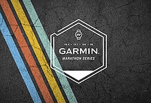 Garmin Marathon Series logo on a textured dark background with colorful stripes, promoting running events and marathon tracking technology.