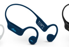 Wireless headphones in white, blue, and black, designed for runners, with ergonomic fit and sweat-resistant features, ideal for running and fitness activities.