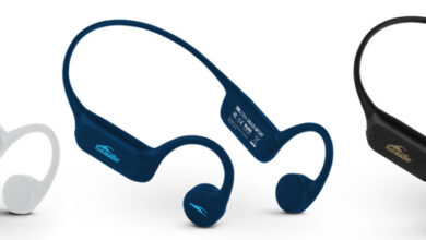 Wireless headphones in white, blue, and black, designed for runners, with ergonomic fit and sweat-resistant features, ideal for running and fitness activities.