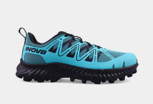 Blue INOV8 MUDTALON V2 women's trail running shoe with aggressive grip for muddy terrains.