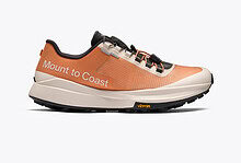 Mount to Coast women's T1 running shoe in coral and cream with structural lacing and rugged outsole designed for trail and road runs.