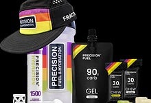 Precision Fuel and Hydration Cramper Hamper with Fractel hat, bottle, tablets, gel and chews