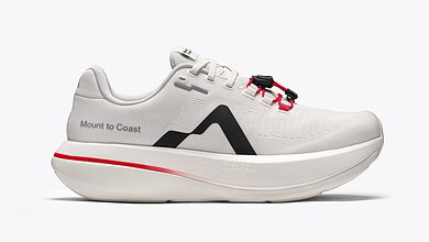 White Mount to Coast Women's C1 running shoe with black and red accents, designed for comfort and performance.