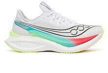 Saucony Endorphin Pro 5 running shoe in white with teal, lime, and coral accents, mid-sole geometry visible.
