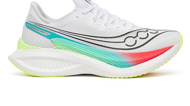 Saucony Endorphin Pro 5 running shoe in white with teal, lime, and coral accents, mid-sole geometry visible.