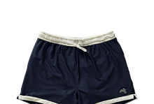 Pair of navy blue running shorts with white trim and drawstring, ideal for athletic activities and running.