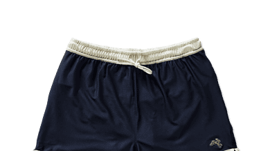 Pair of navy blue running shorts with white trim and drawstring, ideal for athletic activities and running.
