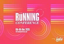 The Running Conference banner featuring vibrant orange, pink, and purple gradient with circular patterns and the text The Running Conference, 6th-9th Dec 2026.